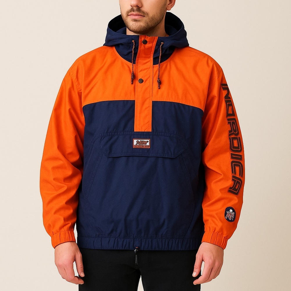 Vintage 90s Nordica Net Sandwich Windbreaker Orange Navy, Hidden Hood Oversized